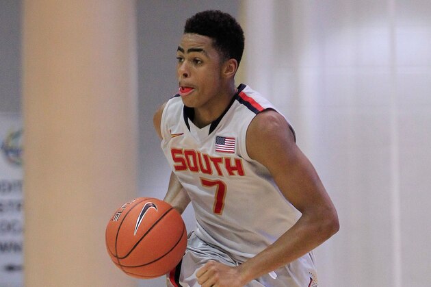 Jul 18, 2013; Washington, DC, USA; Team USA South player D'Angelo Russell (7) dribbles the ball against Team Pan-Africa during the Nike Global Challenge at Trinity University in Washington, DC. Mandatory Credit: Geoff Burke-USA TODAY Sports