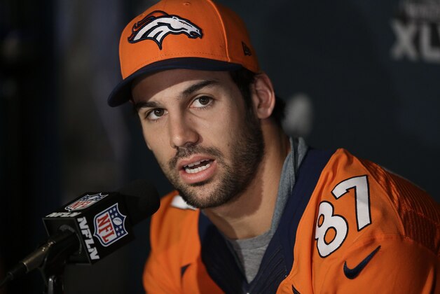 Denver Broncos wide receiver Eric Decker talks with reporters during a news conference Thursday, Jan. 30, 2014, in Jersey City, N.J. The Broncos are scheduled to play the Seattle Seahawks in the NFL Super Bowl XLVIII football game Sunday, Feb. 2, in East Rutherford, N.J. (AP Photo) Denver Broncos wide receiver Eric Decker talks with reporters during a news conference Thursday, Jan. 30, 2014, in Jersey City, N.J. The Broncos are scheduled to play the Seattle Seahawks in the NFL Super Bowl XLVIII football game Sunday, Feb. 2, in East Rutherford, N.J. (AP Photo)