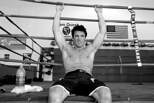 TUALATIN, OR - JUNE 26:  (Editor's Note: This images was converted to black and white.) Chael Sonnen rests after a workout at the Team Quest gym on June 26, 2012 in Tualatin, Oregon.  Sonnen will fight Anderson Silva July 7, 2012 at UFC 148 in Las Vegas, Nevada.  (Photo by Jonathan Ferrey/Getty Images)