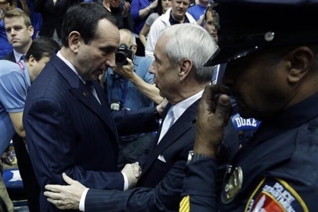 Duke coach Mike Krzyzewski, left, and North Carolina coach Roy Williams speak prior to an NCAA college basketball game in Durham, N.C., Wednesday, Feb. 13, 2013. (AP Photo/Gerry Broome) Duke coach Mike Krzyzewski, left, and North Carolina coach Roy Williams speak prior to an NCAA college basketball game in Durham, N.C., Wednesday, Feb. 13, 2013. (AP Photo/Gerry Broome)