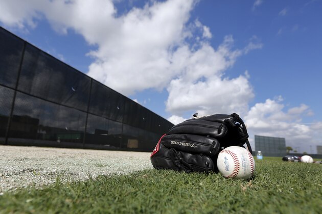 A ball and glove sit in the grass at the St. Louis Cardinals spring training baseball practice facility Wednesday, Feb. 12, 2014, in Jupiter, Fla. (AP Photo/Jeff Roberson)