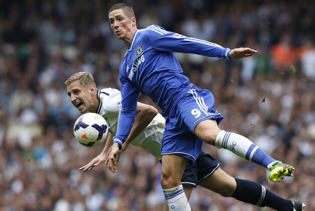 Chelsea's Fernando Torres, right, competes with Tottenham Hotspur's Michael Dawson during their English Premier League soccer match at White Hart Lane, London, Saturday, Sept. 28, 2013. (AP Photo/Sang Tan)