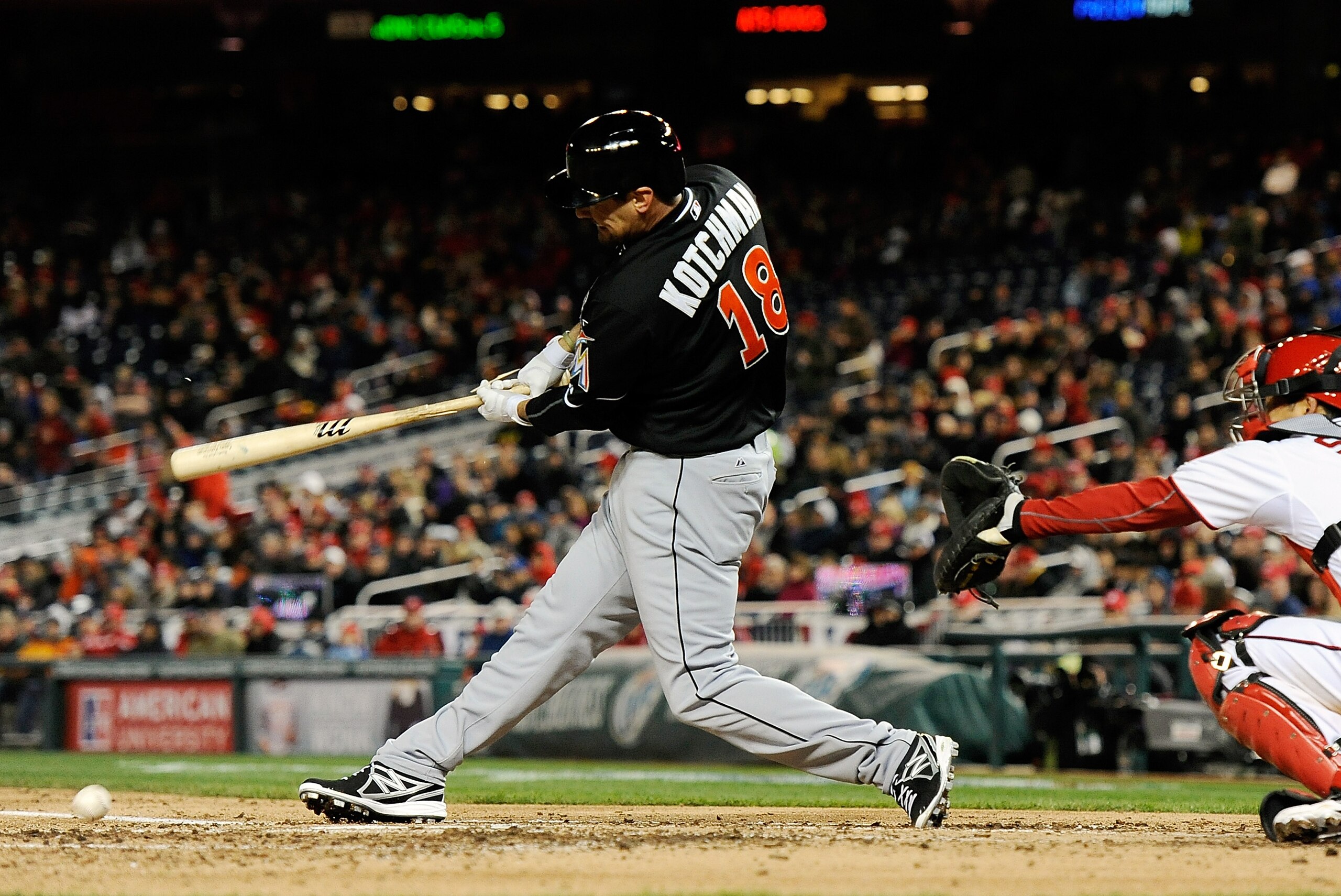 WASHINGTON, DC - APRIL 03: Casey Kotchman #18 of the Miami Marlins hits a ground ball into a double play in the fifth inning during a game against the Washington Nationals at Nationals Park on April 3, 2013 in Washington, DC. (Photo by Patrick McDermott/Getty Images) WASHINGTON, DC - APRIL 03: Casey Kotchman #18 of the Miami Marlins hits a ground ball into a double play in the fifth inning during a game against the Washington Nationals at Nationals Park on April 3, 2013 in Washington, DC. (Photo by Patrick McDermott/Getty Images)