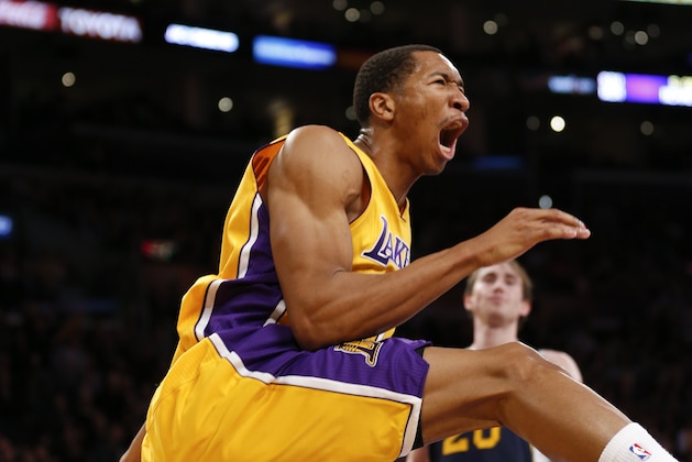 Los Angeles Lakers' Wesley Johnson reacts after dunking the ball on an alley-oop pass from Kendall Marshall against the Utah Jazz during the second half of an NBA basketball game in Los Angeles, Tuesday, Feb. 11, 2014. The Jazz won 96-79. (AP Photo/Danny Moloshok) Los Angeles Lakers' Wesley Johnson reacts after dunking the ball on an alley-oop pass from Kendall Marshall against the Utah Jazz during the second half of an NBA basketball game in Los Angeles, Tuesday, Feb. 11, 2014. The Jazz won 96-79. (AP Photo/Danny Moloshok)