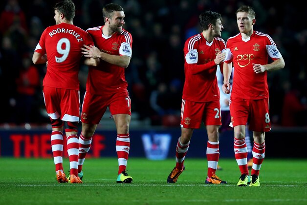 SOUTHAMPTON, ENGLAND - DECEMBER 04: Jay Rodriguez of Southampton (9) celebrates with Rickie Lambert (7) as he scores their first goal during the Barclays Premier League match between Southampton and Aston Villa at St Mary's Stadium on December 4, 2013 in Southampton, England. (Photo by Bryn Lennon/Getty Images) SOUTHAMPTON, ENGLAND - DECEMBER 04: Jay Rodriguez of Southampton (9) celebrates with Rickie Lambert (7) as he scores their first goal during the Barclays Premier League match between Southampton and Aston Villa at St Mary's Stadium on December 4, 2013 in Southampton, England. (Photo by Bryn Lennon/Getty Images)