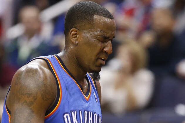 Oklahoma City Thunder center Kendrick Perkins (5) comes off the court bleeding from a cut over his right eye in the first half of an NBA basketball game against the Washington Wizards, Saturday, Feb. 1, 2014, in Washington. The Wizards won 96-81. (AP Photo/Alex Brandon) Oklahoma City Thunder center Kendrick Perkins (5) comes off the court bleeding from a cut over his right eye in the first half of an NBA basketball game against the Washington Wizards, Saturday, Feb. 1, 2014, in Washington. The Wizards won 96-81. (AP Photo/Alex Brandon)