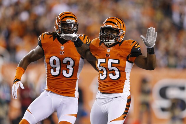 CINCINNATI, OH - OCTOBER 21: Vontaze Burfict #55 and Michael Johnson #93 of the Cincinnati Bengals celebrate after a tackle against the Pittsburgh Steelers during the game at Paul Brown Stadium on October 21, 2012 in Cincinnati, Ohio. (Photo by Joe Robbins/Getty Images) CINCINNATI, OH - OCTOBER 21: Vontaze Burfict #55 and Michael Johnson #93 of the Cincinnati Bengals celebrate after a tackle against the Pittsburgh Steelers during the game at Paul Brown Stadium on October 21, 2012 in Cincinnati, Ohio. (Photo by Joe Robbins/Getty Images)