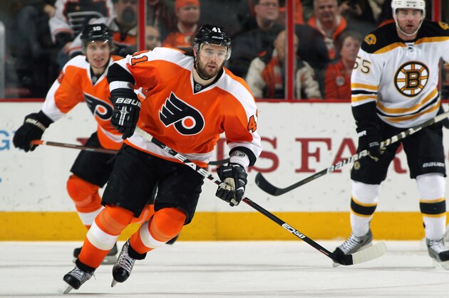 PHILADELPHIA, PA - JANUARY 22:  Andrej Meszaros #41 of the Philadelphia Flyers skates against the Boston Bruins on January 22, 2012 at the Wells Fargo Center in Philadelphia, Pennsylvania.  (Photo by Len Redkoles/NHLI via Getty Images)