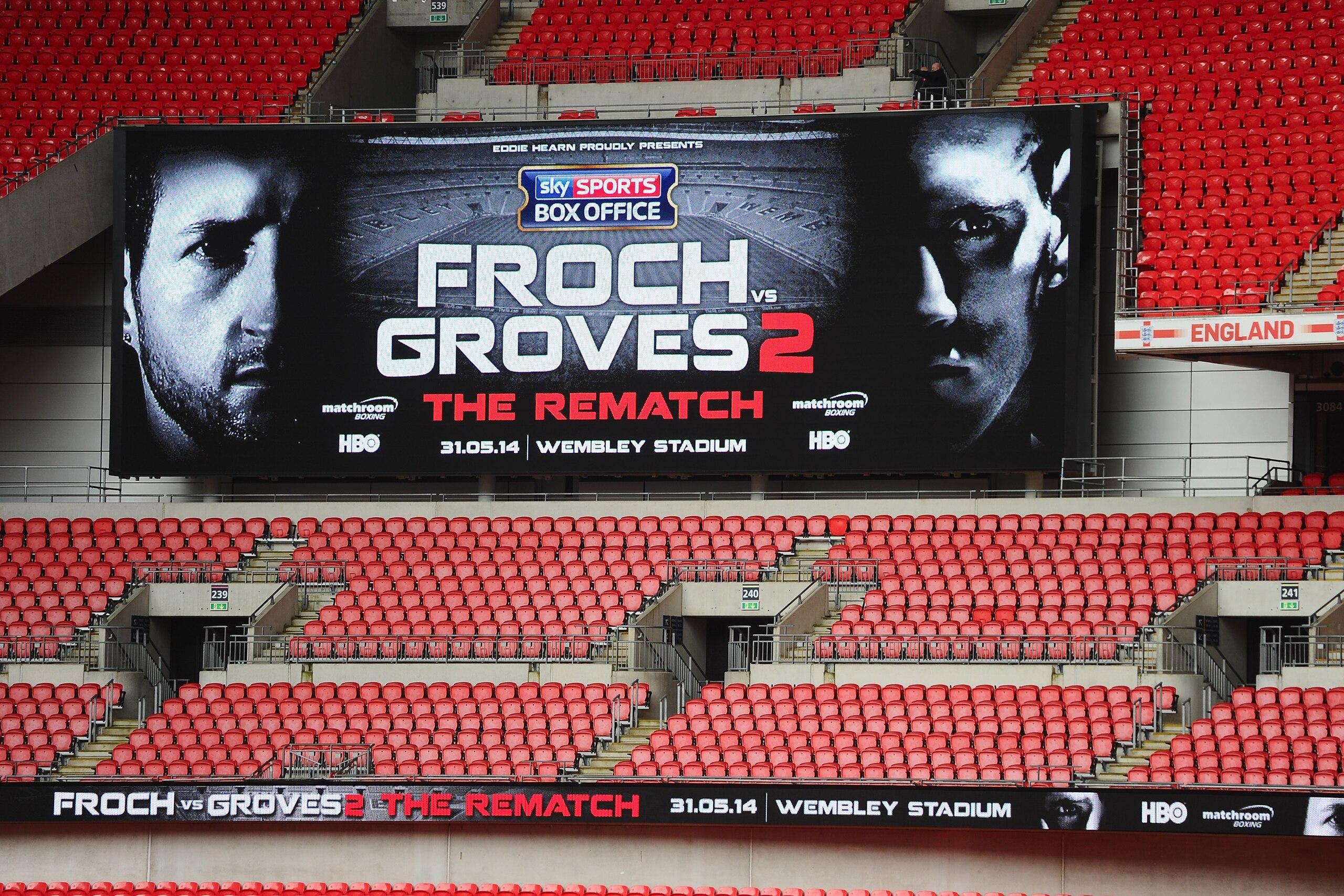 LONDON, ENGLAND - MARCH 04:  Wembley Stadium's big screen displays the Froch v Groves 2 logo during the announcement that Wembley Stadium will stage the rematch between Carl Froch and George Groves on May 31 at Wembley Stadium on March 4, 2014 in London, England.  (Photo by Mike Hewitt/Getty Images)