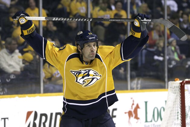 FILE - In this Jan. 12, 2014 file photo, Nashville Predators center David Legwand warms up to play  against the Minnesota Wild in an NHL hockey game in Nashville, Tenn. The Nashville Predators announced Wednesday, Feb. 5, 2014 that they have traded away their first draft pick, sending forward David Legwand back to his hometown Detroit. The Predators got Patrick Eaves, a prospect and a third-round draft pick in exchange for Legwand. (AP Photo/Mark Humphrey, File)