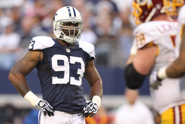 Nov 22, 2012; Arlington, TX, USA; Dallas Cowboys linebacker Anthony Spencer (93) wait for the play to begin during the game against the Washington Redskins on Thanksgiving at Cowboys Stadium. The Redskins beat the Cowboys 38-31. Mandatory Credit: Tim Heitman-USA TODAY Sports