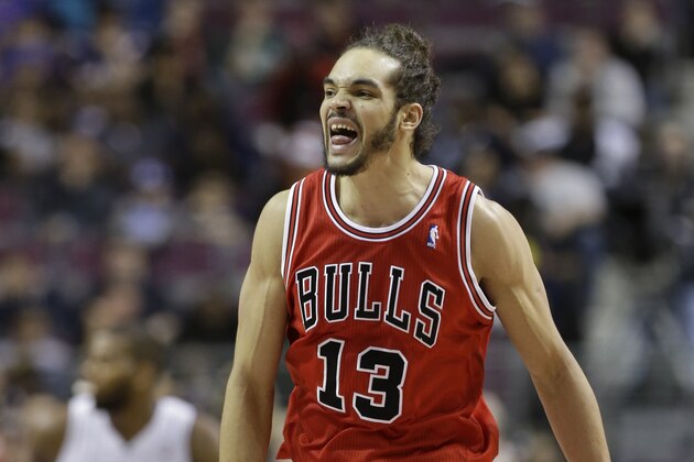 Chicago Bulls center Joakim Noah (13) reacts after a play during the second half of an NBA basketball game against the Detroit Pistons in Auburn Hills, Mich., Wednesday, March 5, 2014. Noah had a triple-double as the Bulls defeated the Pistons 105-94. (AP Photo/Carlos Osorio)