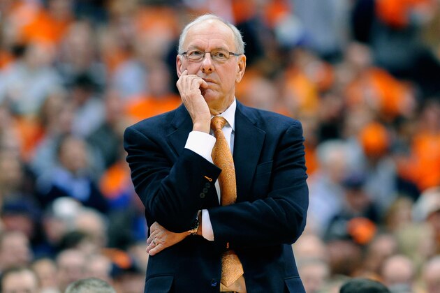SYRACUSE, NY - MARCH 04:  Head coach Jim Boeheim of the Syracuse Orange looks on against the Georgia Tech Yellow Jackets during the second half at the Carrier Dome on March 4, 2014 in Syracuse, New York.  Georgia Tech defeated Syracuse 67-62.  (Photo by Rich Barnes/Getty Images)