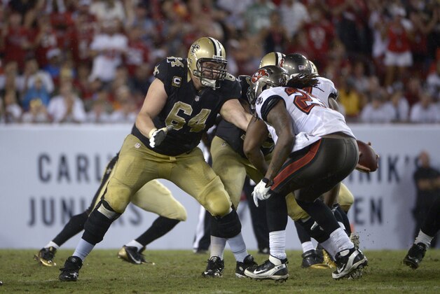 New Orleans Saints tackle Zach Strief (64) blocks during the second half of an NFL football game against the Tampa Bay Buccaneers in Tampa, Fla., Sunday, Sept. 15, 2013.(AP Photo/Phelan M. Ebenhack) New Orleans Saints tackle Zach Strief (64) blocks during the second half of an NFL football game against the Tampa Bay Buccaneers in Tampa, Fla., Sunday, Sept. 15, 2013.(AP Photo/Phelan M. Ebenhack)