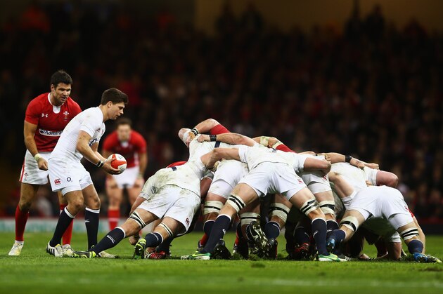 CARDIFF, WALES - MARCH 16: Ben Youngs of England prepares to put the ball in to a scrum watched by Mike Phillips of Wales during the RBS Six Nations match between Wales and England at Millennium Stadium on March 16, 2013 in Cardiff, Wales.  (Photo by Michael Steele/Getty Images)