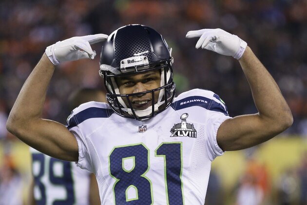 Seattle Seahawks' Golden Tate (81) reacts after his team's touchdown during the first half of the NFL Super Bowl XLVIII football game against the Denver Broncos Sunday, Feb. 2, 2014, in East Rutherford, N.J. (AP Photo/Jeff Roberson) Seattle Seahawks' Golden Tate (81) reacts after his team's touchdown during the first half of the NFL Super Bowl XLVIII football game against the Denver Broncos Sunday, Feb. 2, 2014, in East Rutherford, N.J. (AP Photo/Jeff Roberson)