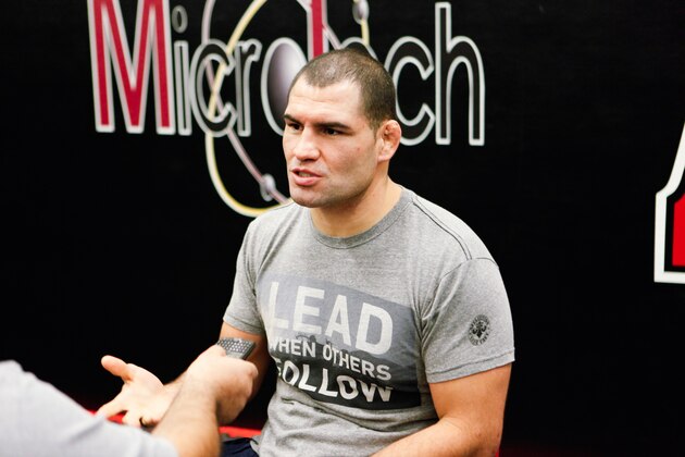 SAN JOSE, CA - OCTOBER 10, 2013:  UFC fighter Cain Velasquez is interviewed during his media day workout at American Kickboxing Academy to promote his October 19, title fight with Junior dos Santos on October 10, 2013 in San Jose, California.  (Photo by Alexis Cuarezma/Getty Images)