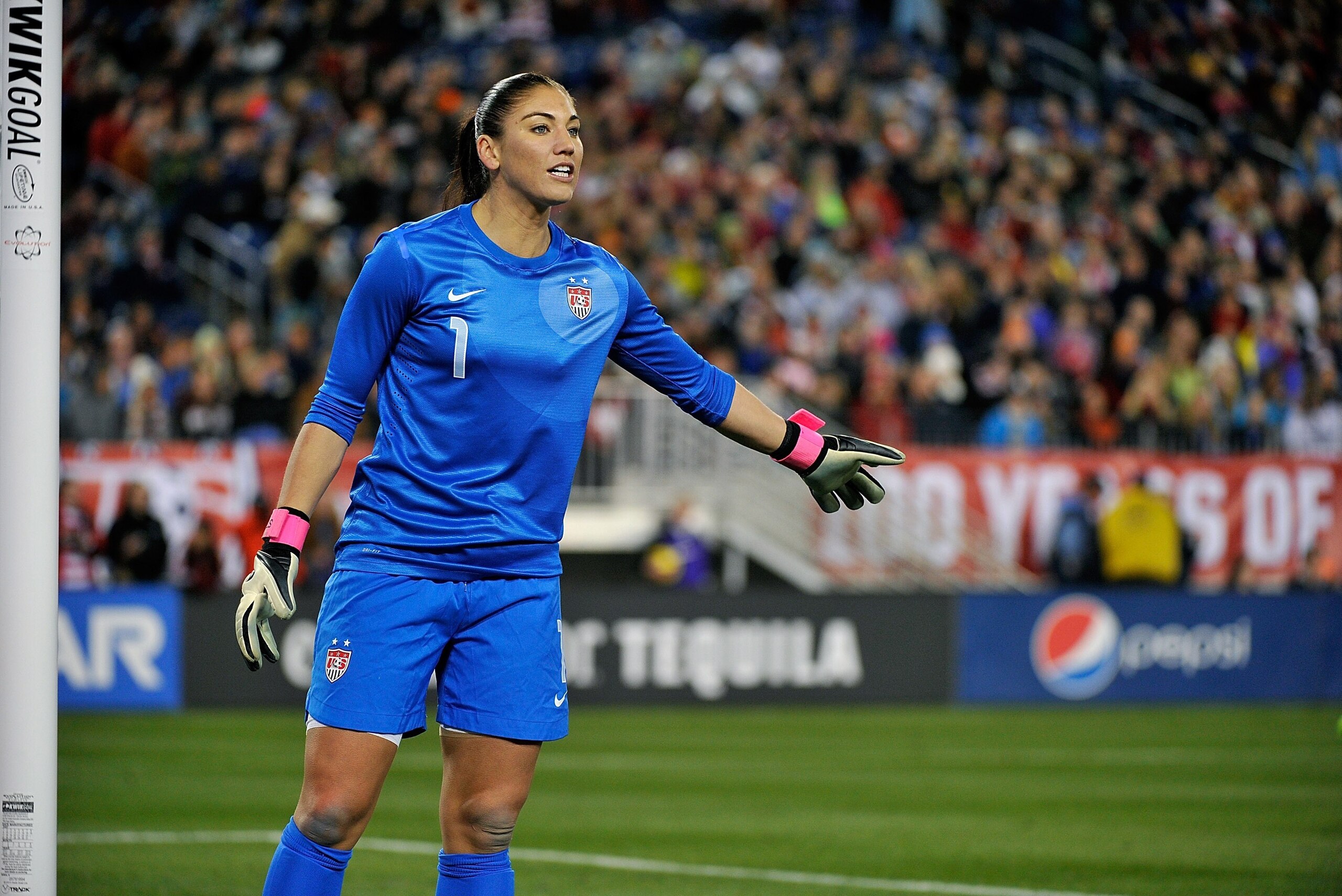 NASHVILLE, TN - FEBRUARY 13: Goalkeeper Hope Solo #1 of the U.S. Womens National Team plays against the Scotland Women's National Team at LP Field on February 13, 2013 in Nashville, Tennessee. (Photo by Frederick Breedon/Getty Images)
