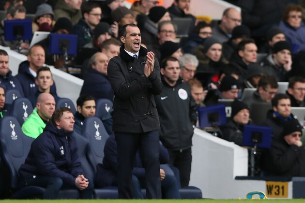 Everton's manager Roberto Martinez claps as he watches his side during the English Premier League soccer match between Tottenham Hotspur and Everton at the White Hart Lane stadium in London, Sunday, Feb. 9  2014. (AP Photo/Alastair Grant)