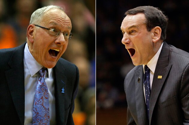 FILE - At left in a Feb. 1, 2014 file photo, Syracuse coach Jim Boeheim yells to his team during a college basketball game against Duke in Syracuse, N.Y. At right in a Feb. 22, 2014 file photo, Duke coach Mike Krzyzewski yells to his team during a college basketball game against Syracuse in Durham, N.C. Madness is ramping up with conference tournaments starting this week and the NCAA tournament just around the corner. What better time to look at match-ups fans might like to see, like Kentucky's Julius Randle facing fellow freshman Aaron Gordon at Arizona or Duke coach Krzyzewski, the career wins leader, against No. 2, Syracuse's Boeheim. (AP Photo/File) FILE - At left in a Feb. 1, 2014 file photo, Syracuse coach Jim Boeheim yells to his team during a college basketball game against Duke in Syracuse, N.Y. At right in a Feb. 22, 2014 file photo, Duke coach Mike Krzyzewski yells to his team during a college basketball game against Syracuse in Durham, N.C. Madness is ramping up with conference tournaments starting this week and the NCAA tournament just around the corner. What better time to look at match-ups fans might like to see, like Kentucky's Julius Randle facing fellow freshman Aaron Gordon at Arizona or Duke coach Krzyzewski, the career wins leader, against No. 2, Syracuse's Boeheim. (AP Photo/File)