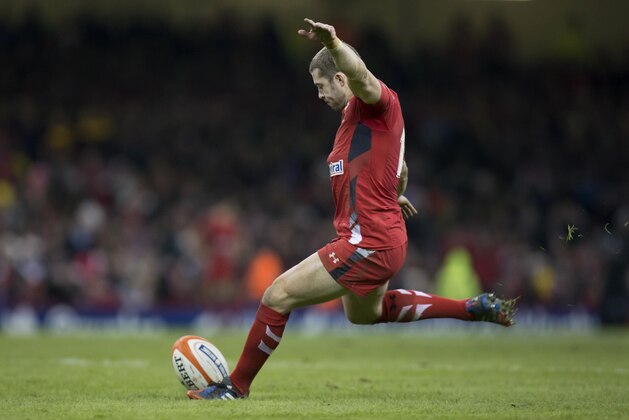Wales' Leigh Halfpenny converts a try during his team's 27-6 win over  France in their Six Nations rugby union international match at the Millennium Stadium, Cardiff, Wales, Friday, Feb. 21, 2014. (AP Photo/Jon Super)