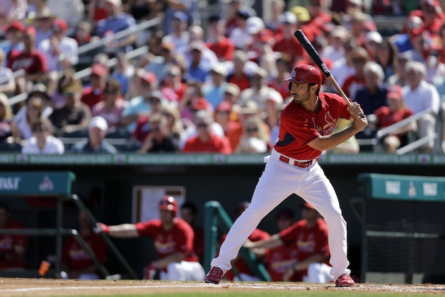 St. Louis Cardinals' Matt Carpenter bats during the third inning of an exhibition spring training baseball game against the New York Mets Sunday, March 2, 2014, in Jupiter, Fla. (AP Photo/Jeff Roberson)