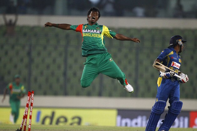 Bangladesh’s Rubel Hossain jumps as he celebrates the wicket of Sri Lanka’s Mahela Jayawardene during the Asia Cup one-day international cricket tournament in Dhaka, Bangladesh, Thursday, March 6, 2014. (AP Photo/A.M. Ahad) Bangladesh’s Rubel Hossain jumps as he celebrates the wicket of Sri Lanka’s Mahela Jayawardene during the Asia Cup one-day international cricket tournament in Dhaka, Bangladesh, Thursday, March 6, 2014. (AP Photo/A.M. Ahad)