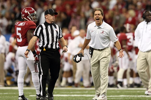 Jan 2, 2014; New Orleans, LA, USA; Alabama Crimson Tide head coach Nick Saban yells in the second half against the Oklahoma Sooners at the Mercedes-Benz Superdome. Oklahoma defeated Alabama 45-31. Mandatory Credit: Crystal LoGiudice-USA TODAY Sports