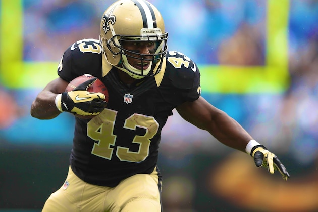 New Orleans Saints running back Darren Sproles (43) against the Seattle Seahawks during an NFC divisional playoff NFL football game in Seattle, Saturday, Jan. 11, 2014. (AP Photo/Elaine Thompson)