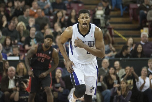 Feb 5, 2014; Sacramento, CA, USA; Sacramento Kings small forward Rudy Gay (8) reacts after scoring against the Toronto Raptors during the second quarter at Sleep Train Arena. Mandatory Credit: Ed Szczepanski-USA TODAY Sports