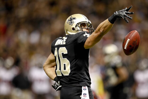December 16, 2012; New Orleans, LA, USA; New Orleans Saints wide receiver Lance Moore (16) celebrates after a first down catch against the Tampa Bay Buccaneers during the first half of a game at the Mercedes-Benz Superdome. Mandatory Credit: Derick E. Hingle-USA TODAY Sports December 16, 2012; New Orleans, LA, USA; New Orleans Saints wide receiver Lance Moore (16) celebrates after a first down catch against the Tampa Bay Buccaneers during the first half of a game at the Mercedes-Benz Superdome. Mandatory Credit: Derick E. Hingle-USA TODAY Sports