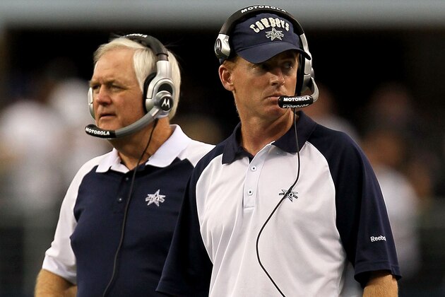 ARLINGTON, TX - OCTOBER 31:  (L-R) Head coach Wade Phillips and assistant head coach/offensive coordinator Jason Garrett of the Dallas Cowboys look on against the Jacksonville Jaguars at Cowboys Stadium on October 31, 2010 in Arlington, Texas.  (Photo by Stephen Dunn/Getty Images)