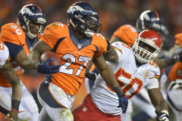 Denver Broncos running back Knowshon Moreno (27) runs the ball against Kansas City Chiefs outside linebacker Justin Houston (50) in the third quarter of an NFL football game, Sunday, Nov. 17, 2013, in Denver. (AP Photo/Jack Dempsey) Denver Broncos running back Knowshon Moreno (27) runs the ball against Kansas City Chiefs outside linebacker Justin Houston (50) in the third quarter of an NFL football game, Sunday, Nov. 17, 2013, in Denver. (AP Photo/Jack Dempsey)