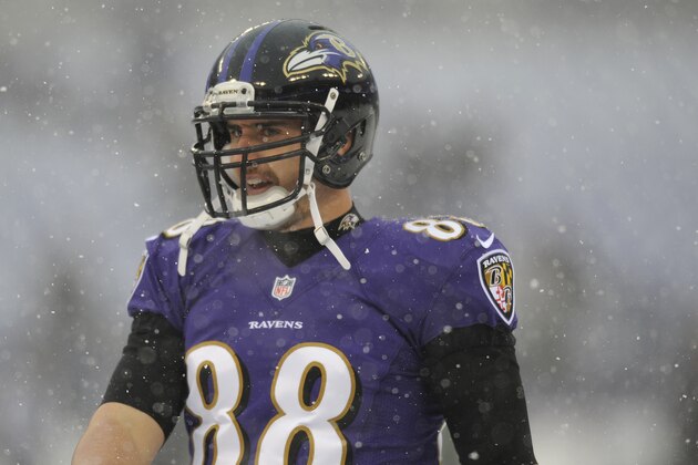 Baltimore Ravens tight end Dennis Pitta warms up before an NFL football game against the Minnesota Vikings, Sunday, Dec. 8, 2013, in Baltimore, his first game since injuring himself during training camp. (AP Photo/Nick Wass) Baltimore Ravens tight end Dennis Pitta warms up before an NFL football game against the Minnesota Vikings, Sunday, Dec. 8, 2013, in Baltimore, his first game since injuring himself during training camp. (AP Photo/Nick Wass)