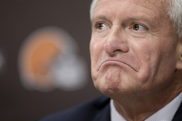 Cleveland Browns owner Jimmy Haslam listens to a question during a news conference Tuesday, Feb. 11, 2014, in Berea, Ohio. Haslam announced Tuesday that CEO Joe Banner will step down in the next two months and general manager Michael Lombardi is leaving the team. Haslam also said assistant GM Ray Farmer, who was pursued by Miami to be the Dolphins' GM this winter, has been promoted to general managerand will immediately take the over the team's football operations and lead the Browns during free agency and draft. (AP Photo/Tony Dejak)