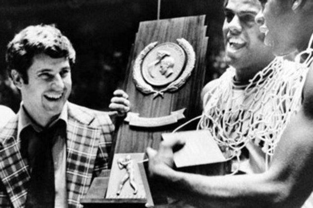 Indiana University coach Bobby Knight, left and players Scott May, center, and Quinn Buckner, right, hold the trophy after winning the NCAA Basketball Championship in Philadelphia on Monday, March 29, 1976. (AP Photo) Indiana University coach Bobby Knight, left and players Scott May, center, and Quinn Buckner, right, hold the trophy after winning the NCAA Basketball Championship in Philadelphia on Monday, March 29, 1976. (AP Photo)