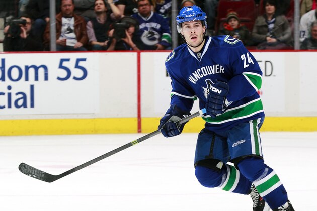 VANCOUVER, BC - FEBRUARY 26:  Raphael Diaz #24 of the Vancouver Canucks skates up ice during their NHL game against the St. Louis Blues at Rogers Arena February 26, 2014 in Vancouver, British Columbia, Canada.    Vancouver won 1-0. (Photo by Jeff Vinnick/NHLI via Getty Images)