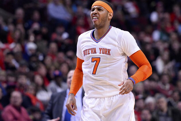 Mar 2, 2014; Chicago, IL, USA; New York Knicks small forward Carmelo Anthony (7) reacts after missing a shot against the Chicago Bulls during the second half at the United Center. Chicago defeats New York 109-90. Mandatory Credit: Mike DiNovo-USA TODAY Sports Mar 2, 2014; Chicago, IL, USA; New York Knicks small forward Carmelo Anthony (7) reacts after missing a shot against the Chicago Bulls during the second half at the United Center. Chicago defeats New York 109-90. Mandatory Credit: Mike DiNovo-USA TODAY Sports