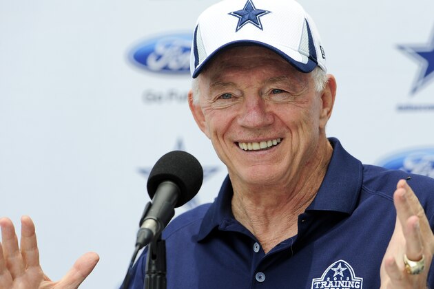 Dallas Cowboys owner Jerry Jones answers a question from the press during the State of the Cowboys address at Dallas Cowboy's NFL football training camp, Saturday, July 20, 2013, in Oxnard, Calif. (AP Photo/Gus Ruelas)