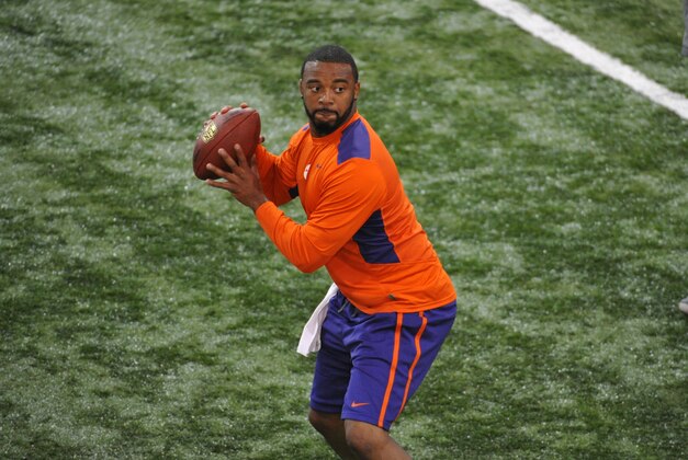 Quarterback Tajh Boyd drops back to pass during the Clemson football Pro Day on Thursday, March 6, 2014, in Clemson, S.C. (AP Photo/Rainier Ehrhardt)