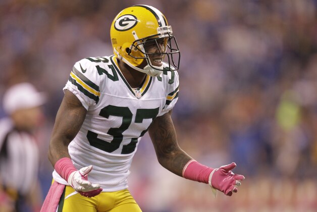 Green Bay Packers cornerback Sam Shields reacts during the second half of an NFL football game against the Indianapolis Colts in Indianapolis, Sunday, Oct. 7, 2012. (AP Photo/Michael Conroy)