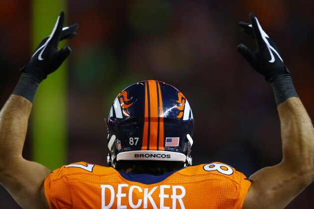 DENVER, CO - JANUARY 12:   Eric Decker #87 of the Denver Broncos reacts in the fourth quarter against the San Diego Chargers during the AFC Divisional Playoff Game at Sports Authority Field at Mile High on January 12, 2014 in Denver, Colorado.  (Photo by Doug Pensinger/Getty Images)