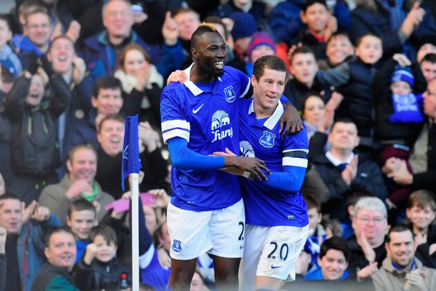 LIVERPOOL, ENGLAND - FEBRUARY 16:  Everton player Lacina Traore (l) celebrates the opening goal during the FA Cup Fifth Round match between Everton and Swansea City at Goodison Park on February 16, 2014 in Liverpool, England.  (Photo by Stu Forster/Getty Images)