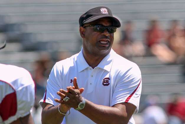 Apr 14, 2012; Columbia, SC, USA South Carolina Gamecocks defensive coordinator Lorenzo Ward works with his team before the start of the Garnet and Black spring game at Williams Brice Stadium. Mandatory Credit: Jeremy Brevard-USA TODAY Sports