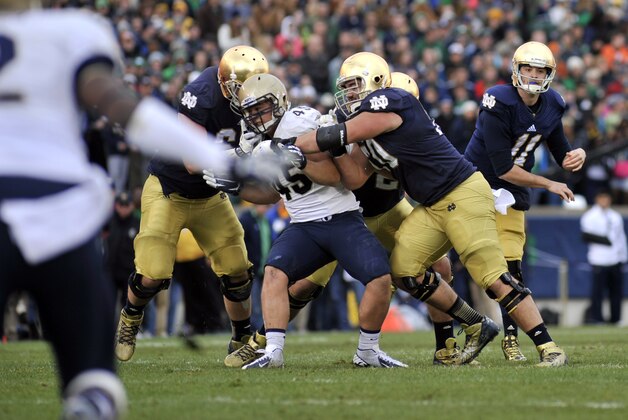 Notre Dame quarterback Tommy Rees throws a pass as Notre Dame lineman Zack Martin blocks during a NCAA college football game with Notre Dame Saturday Nov. 2, 2013 in South Bend, Ind. (AP Photo/Joe Raymond)