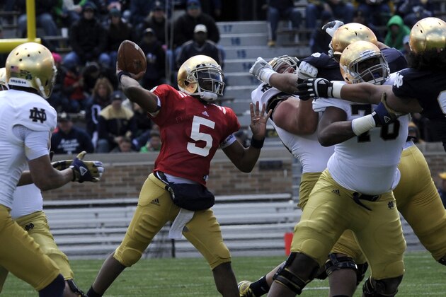 Notre Dame quarterback Everett Golson throws a pass during the Blue Gold game in April 20,2013 in South Bend, Ind. (AP Photo/Joe Raymond)