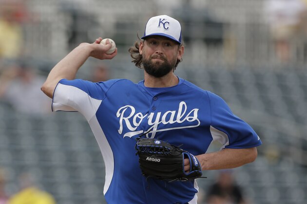 Kansas City Royals starting pitcher Luke Hochevar throws during an exhibition spring training baseball game against the Oakland Athletics Tuesday, March 5, 2013, in Surprise, Ariz. (AP Photo/Charlie Riedel)