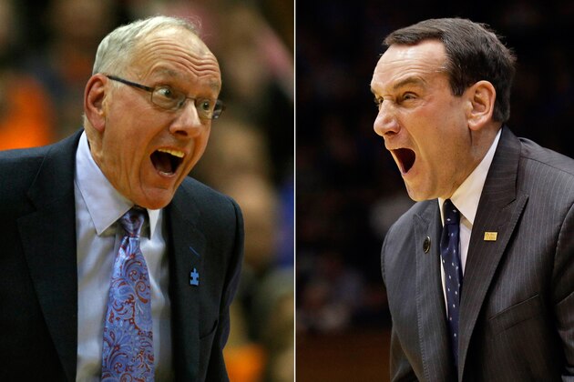 FILE - At left in a Feb. 1, 2014 file photo, Syracuse coach Jim Boeheim  yells to his team during a college basketball game against Duke in Syracuse, N.Y. At right in a Feb. 22, 2014 file photo, Duke coach Mike Krzyzewski yells to his team during a college basketball game against Syracuse in Durham, N.C. Madness is ramping up with conference tournaments starting this week and the NCAA tournament just around the corner. What better time to look at match-ups fans might like to see, like Kentucky's Julius Randle facing fellow freshman Aaron Gordon at Arizona or Duke coach Krzyzewski, the career wins leader, against No. 2, Syracuse's Boeheim. (AP Photo/File)
