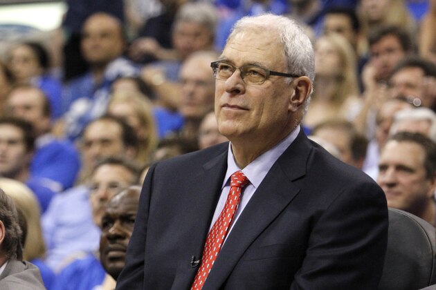 Los Angeles Lakers head coach Phil Jackson during Game 4 of a second-round NBA playoff basketball series against the Dallas Mavericks, Sunday, May 8, 2011, in Dallas. The Mavericks won 122-86. (AP Photo/Tony Gutierrez)