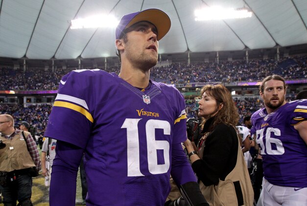Dec 15, 2013; Minneapolis, MN, USA; Minnesota Vikings quarterback Matt Cassel (16) looks on following the game against the Philadelphia Eagles at Mall of America Field at H.H.H. Metrodome. The Vikings defeated the Eagles 48-30. Mandatory Credit: Brace Hemmelgarn-USA TODAY Sports